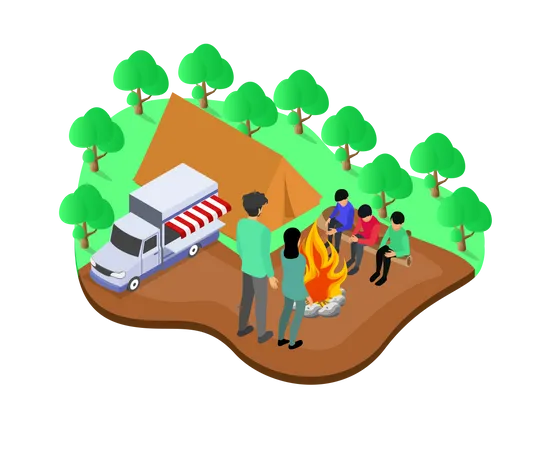 Illustration Of A Family Camping In The Forest Isometric Style Illustration