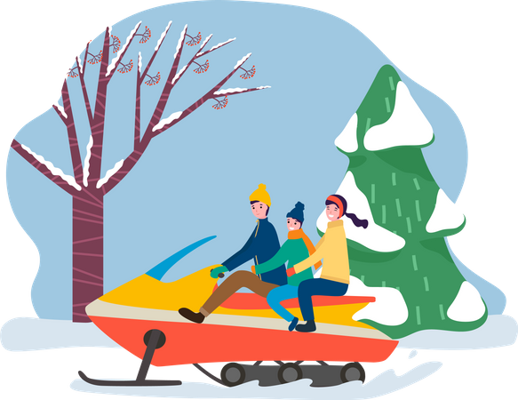 Family on Winter Vacation Riding on Snowmobile  Illustration