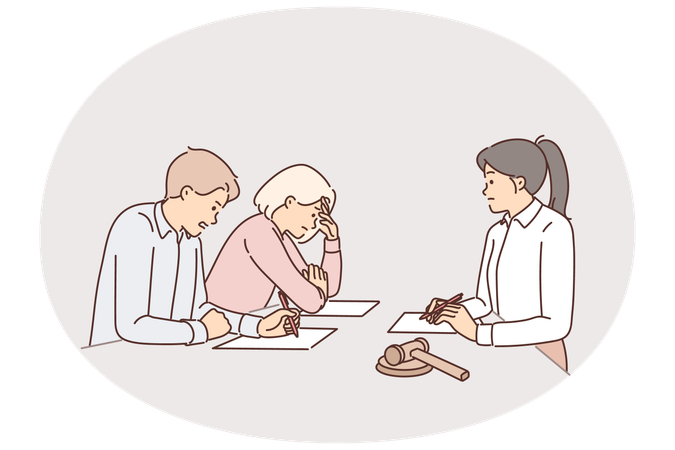 Family participates in divorce proceedings by visiting lawyers or judge who decides on children  Illustration