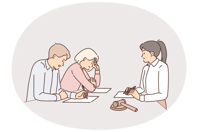 Family participates in divorce proceedings by visiting lawyers or judge who decides on children  Illustration