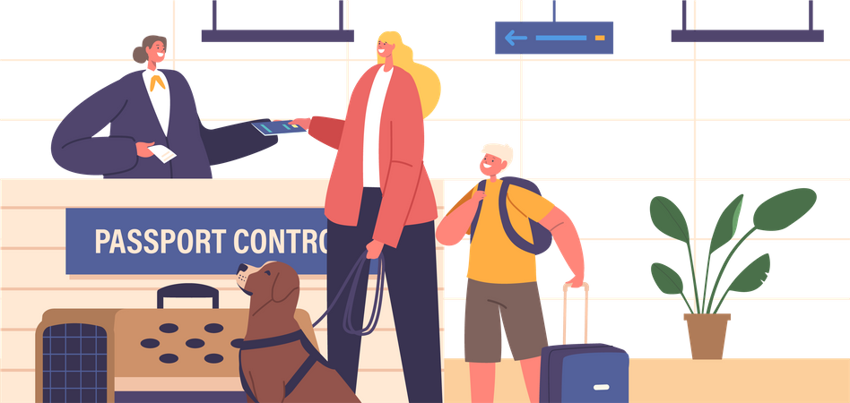 Family passing through border control  Illustration