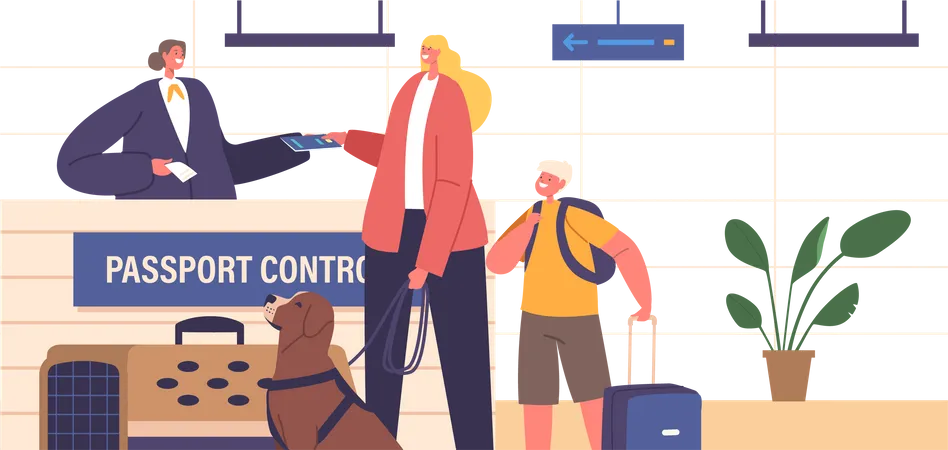 Mother Her Son And Their Loyal Dog Crossing A Border Showcasing Determination And Companionship On Their Journey Family Characters Travel With Canine Pet Cartoon People Vector Illustration Illustration