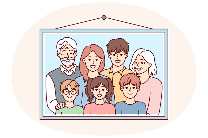 Family photo portrait in frame with children and gray-haired grandparents on wall  Illustration