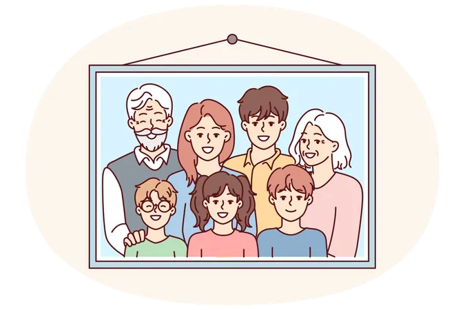 Family photo portrait in frame with children and gray-haired grandparents on wall  Illustration