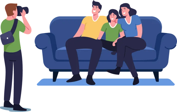 Family Photo Concept Photographer Shoot People Sitting On Couch Happy Relatives Mother Father And Child Characters Posing For Album Photography Photosession Process Cartoon Vector Illustration Illustration