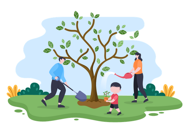 Family planting trees Illustration