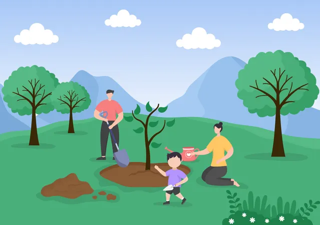 Family Planting Trees Illustration