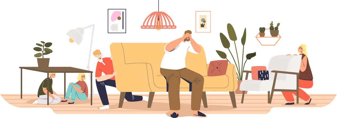 Big Family Play Hide And Seek At Home Dad Count With Closed Eyes And Kids Hiding In Living Room Happy Parent And Children Leisure Activity Indoors Cartoon Flat Vector Illustration Illustration