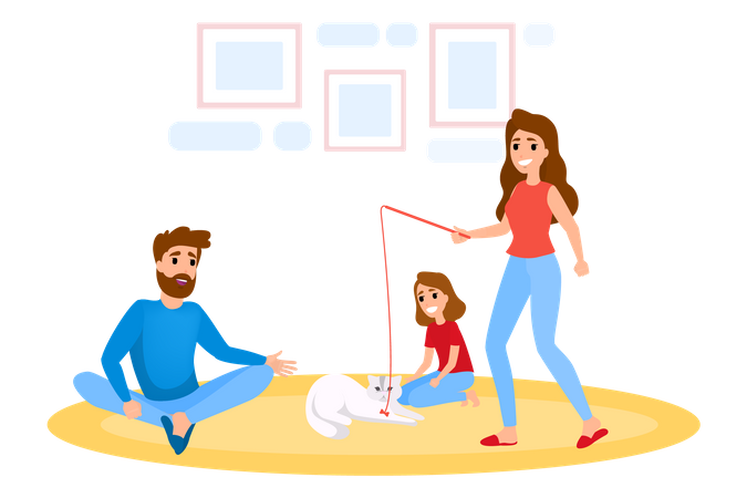 Family play with cat at home Illustration