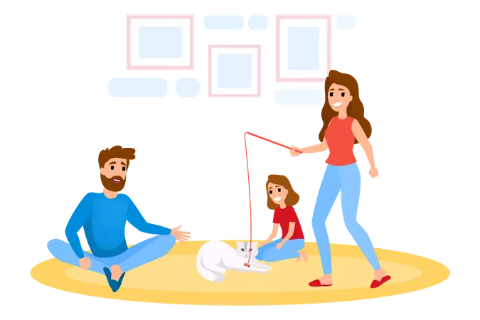 Family play with cat at home  Illustration