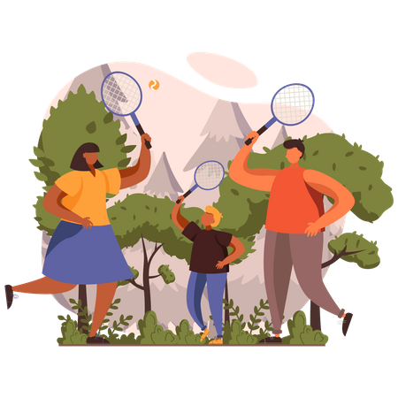 Family playing Badminton together Illustration