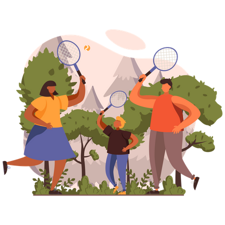 Family playing Badminton together  Illustration