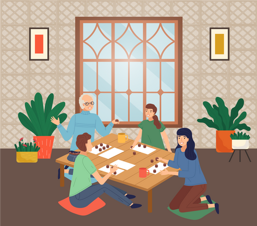 Family playing bingo lotto game at table  Illustration