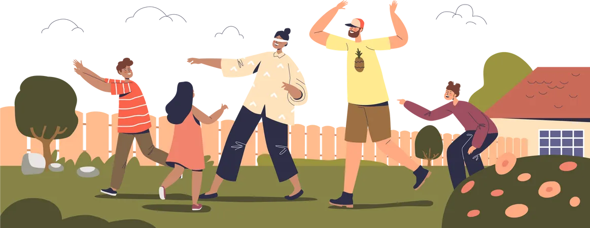 Family playing blindfold game outdoors  Illustration