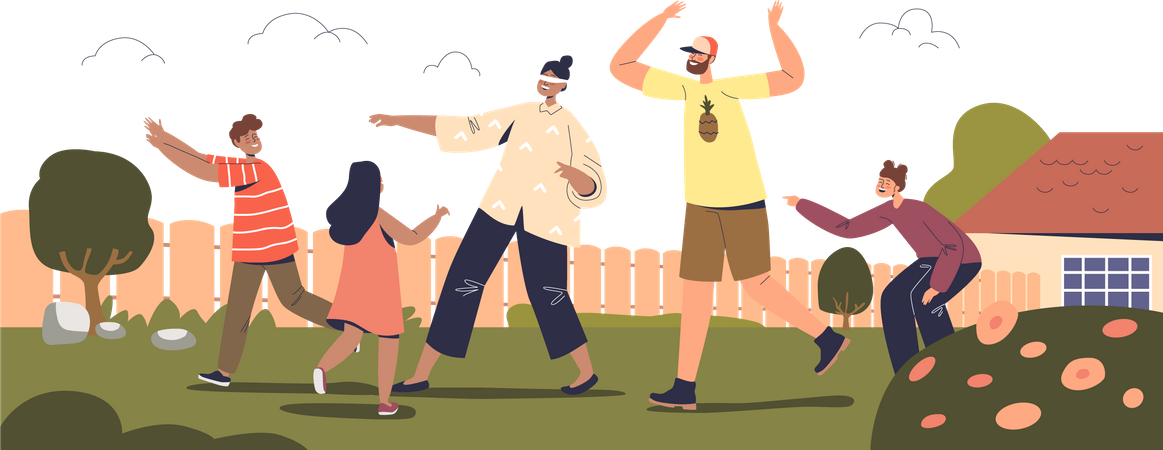 Family playing blindfold game outdoors  Illustration