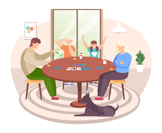 Family playing board game with cards  Illustration