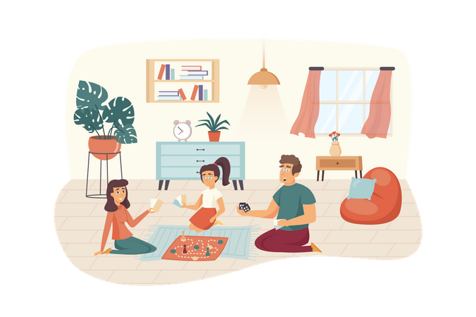 Family playing board games at home  Illustration