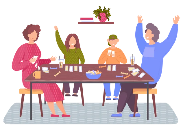 Happy Family Sitting On Chairs Near Table And Playing Cards People Drink Tea And Eat Sweets Together Man Raised His Hands Above His Head As He Won Mom Dad Son And Daughter Play Board Game Illustration