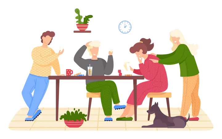 Happy Family Sitting At Table And Playing Board Game Living Room Interior With Pet Dog At Home Parents And Children Spending Evening Time Together Group Of People Playing Cards And Eating Candy Illustration