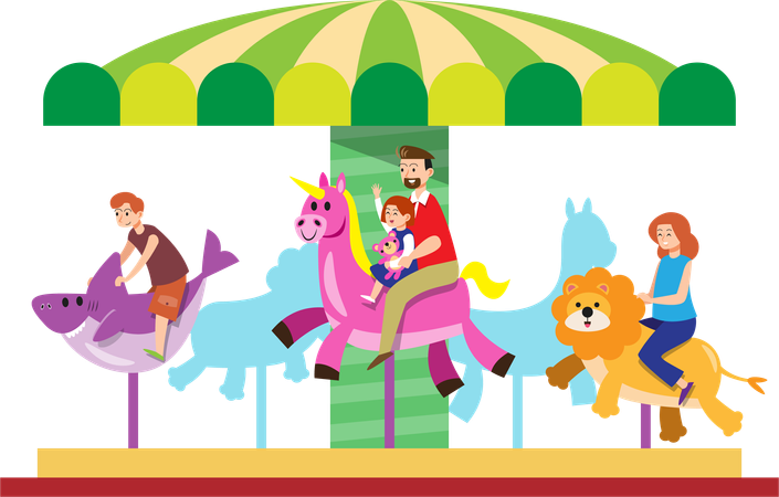 Family playing carousel merry-go-round  Illustration