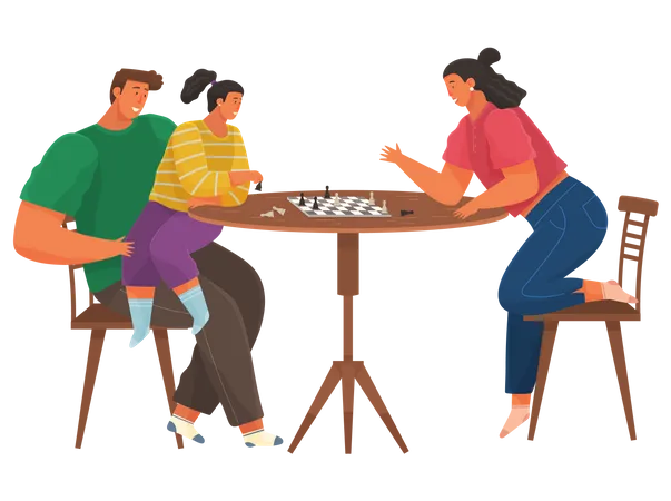 Cheerful Family Playing Chess In Apartment Joyful Man And Women Sit Together At Home At Chairs Talk And Rest Home Activities And Entertainment People With Board Games Spend Time In Kitchen Illustration