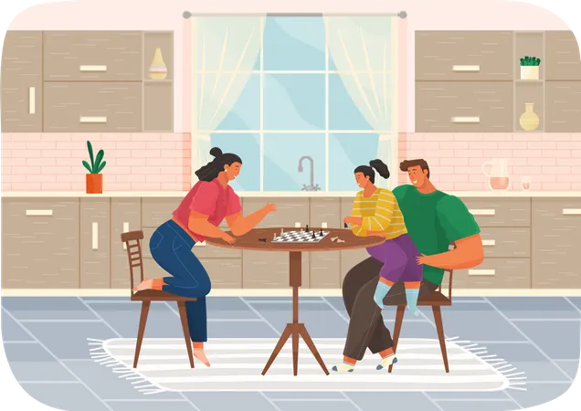 Cheerful Family Playing Chess In Apartment Joyful Man And Women Sit Together At Home At Chairs Talk And Rest Home Activities And Entertainment People With Board Games Spend Time In Kitchen Illustration