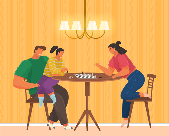 Family playing chess at home  Illustration