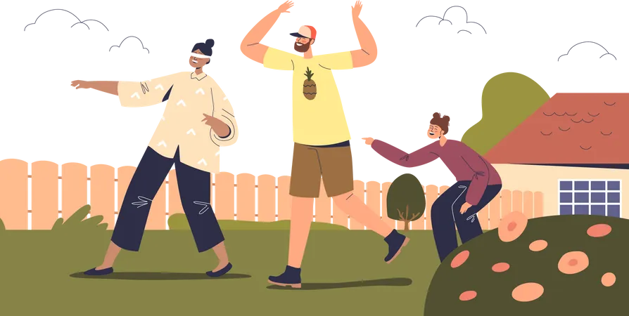 Family playing games in backyard Illustration