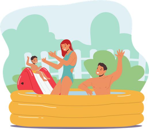 Family playing in swimming pool tub Illustration