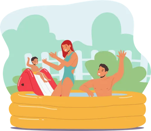 Family playing in swimming pool tub  Illustration