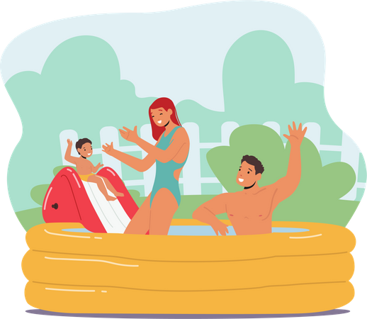 Family playing in swimming pool tub  Illustration