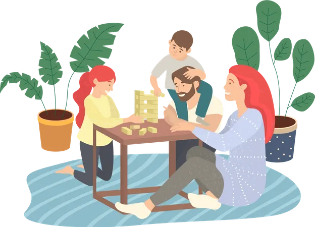 Father Mother Son Daughter Playing Jenga Game Sitting At Floor On Carpet Spend Time Together Moving Blocks Parents Playing Indoor Game With Children Happy Family Home Activity People Have Fun Illustration