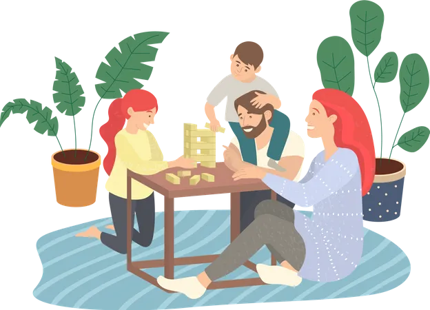 Family playing Jenga game sitting at floor  Illustration