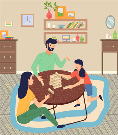 Family playing jenga game sitting at floor on carpet  Illustration