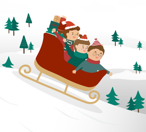 Family playing sleigh on christmas day. Sleigh slides down the hill and carries many gift boxes. Beautiful scenery full of pine trees. Design element for invitation card, New Year, Christmas, website  Illustration