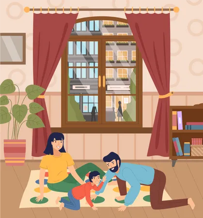 Father Mother Son Playing Twister At Floor People Spend Time Together Parent And Kid Playing Indoor Game At Home Window With Urban Street And People Happy Family Home Activity People Have Fun Illustration