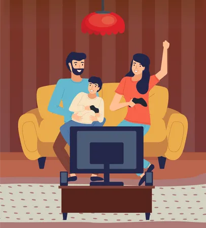 Happy Family Spend Time At Home Little Boy With Joystick Relaxing Playing Video Games With Dad And Mom Sit At Sofa Indoors Activity Hobby Recreation Leisure Time At Home Isolated Characters Illustration