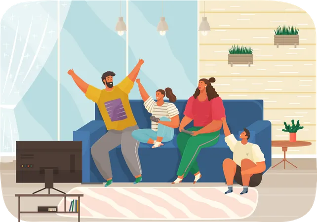 Parents And Children Relaxing In Apartment With TV Family Spend Time Together In Living Room Interior Design Sitting Room Daughter Mom Dad And Son Are Resting At Home And Watching Television Illustration