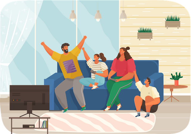 Family playing video game at home  Illustration