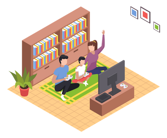 Family playing video game together  Illustration
