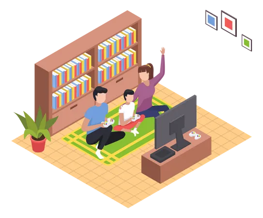 Family playing video game together  Illustration