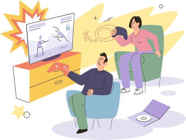 Family playing video game together in living room  Illustration