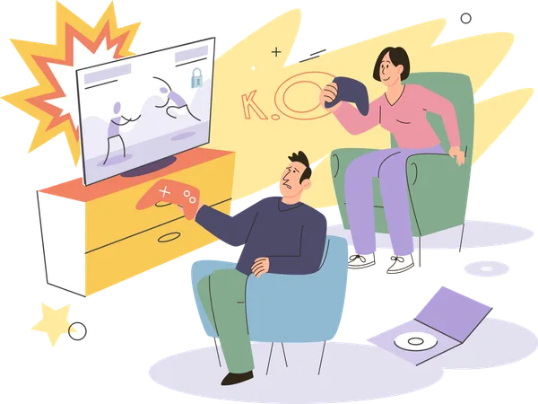 Family playing video game together in living room  Illustration