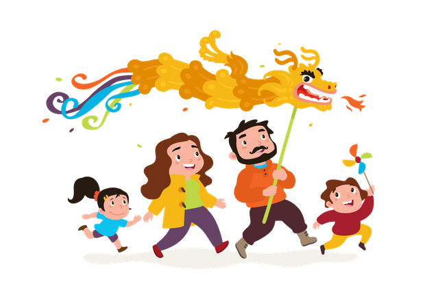 Family playing with dragon kite  Illustration