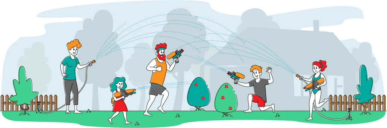 Family Playing with Water Hose and water Gun  Illustration