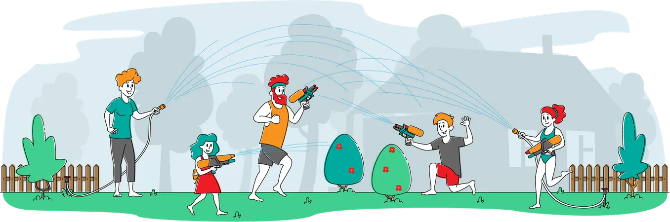 Family Playing with Water Hose and water Gun Illustration