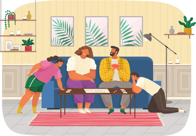 Cheerful Family Plays Cards Joyful Parents And Children Sit Together At Home At Couch Talk And Rest Home Activities And Entertainment Young People With Board Game Spend Time In Living Room Illustration