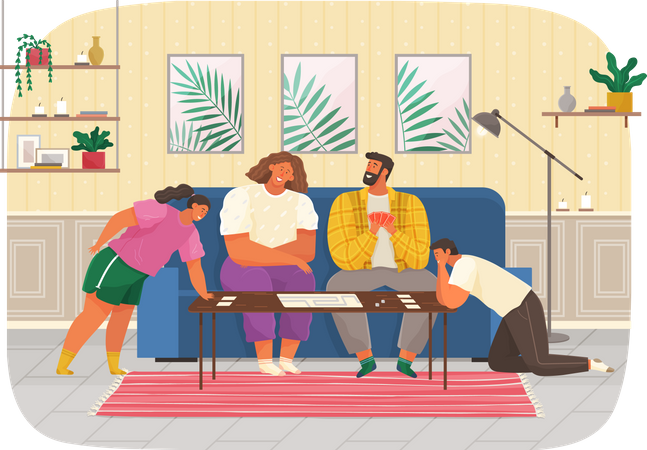 Family plays card game  Illustration