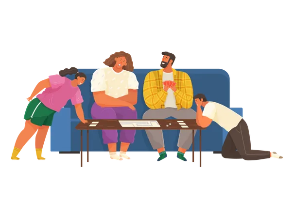 Cheerful Family Plays Cards Joyful Parents And Children Sit At Couch And Rest Home Activities And Entertainment Characters With Board Game Spend Time Together People On Sofa Isolated Illustration Illustration