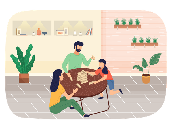 Family plays tower game at house  Illustration
